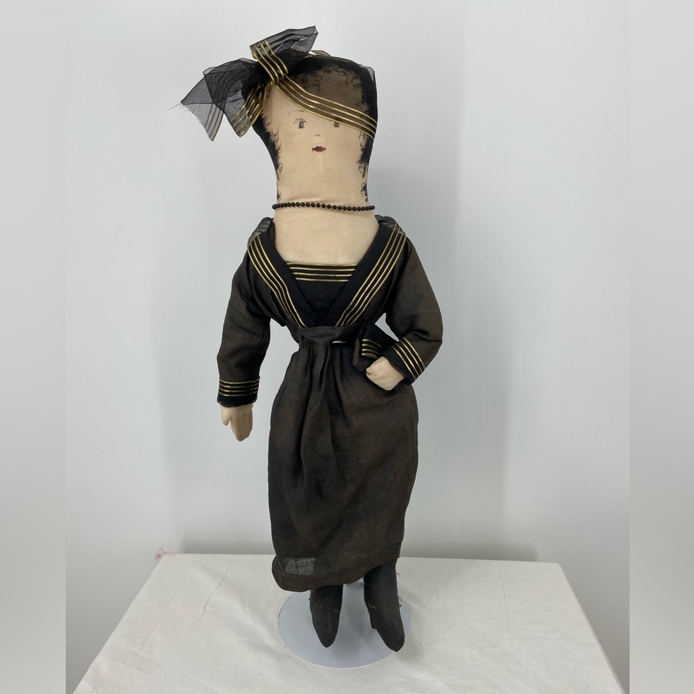 Doll, Fabric, 22” Tall, Linen Sailor Dress, Pearls, 20’s Style, stand incl.‎